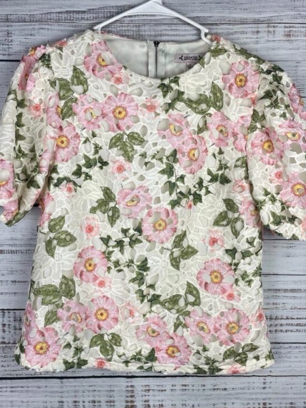 Nanette Lepore Pink Floral Lace Short Sleeve Blouse
